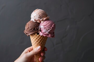 Hand holding an ice cream cone in studio
