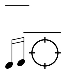 Eighth note next to a target crosshair beneath two simple horizontal lines. Ideal for music, precision, targeting, simplicity, minimalism, art, metaphors. Line metaphor