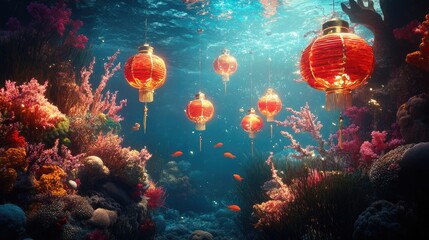 An underwater-themed Chinese New Year scene featuring red lanterns floating gracefully among coral reefs with shimmering golden accents