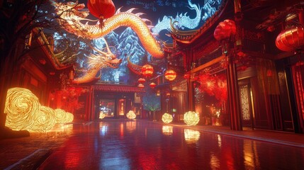 A cutting-edge Chinese New Year scene with virtual reality dragons, red and gold projections, and interactive holographic lanterns