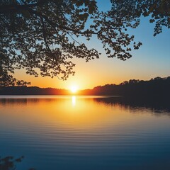 Serene sunset over calm lake.