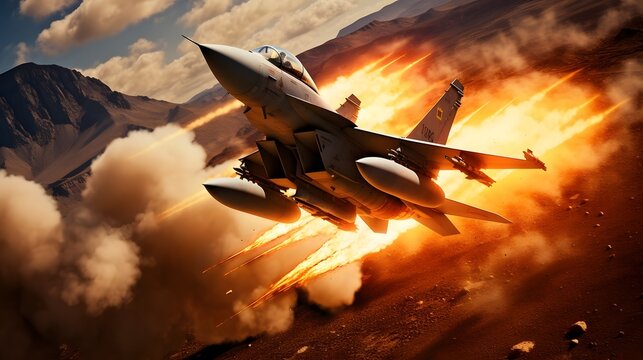Powerful Fighter Jet Firing Missiles During Intense Live Fire Training Exercise with Explosive Action and High Speed Aerial Maneuvers in the Sky