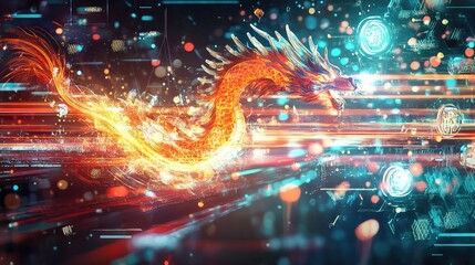 Obraz premium A dynamic futuristic Chinese New Year artwork with a digital dragon emitting light trails, surrounded by holographic symbols of good fortune