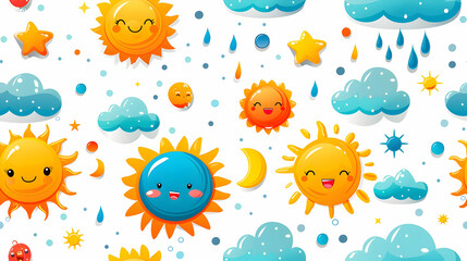 A playful pattern featuring cheerful suns, clouds, and stars on a white background.