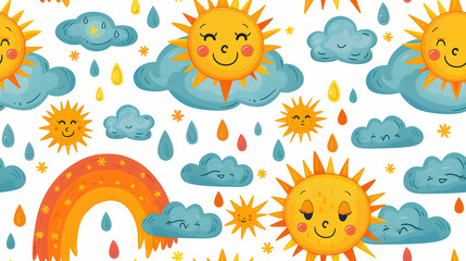 Fototapeta premium A playful pattern featuring cheerful suns, clouds, raindrops, and a rainbow.