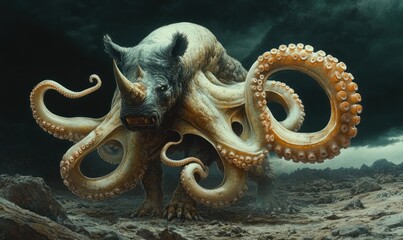 Obraz premium Rhino-octopus hybrid creature, dark, stormy landscape.