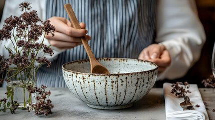 Chef stirring soup in bowl, kitchen setting, food preparation, restaurant