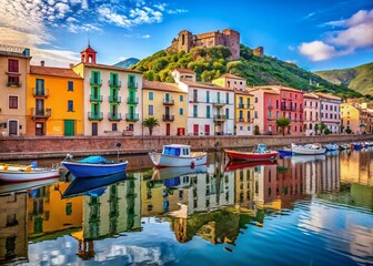 Obraz premium Charming Bosa, Sardinia: Colorful Houses, Boats & River - Italian Coastal Town