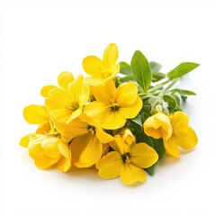 Naklejka premium Bunch of vibrant yellow flowers with green leaves on a clean white background studio shot