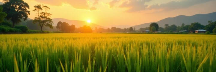 Softly lit rice field landscape at sunrise with warm sunlight casting a glow, gentle hue,