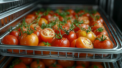 Cherry tomatoes drying in a dehydrator; food preservation