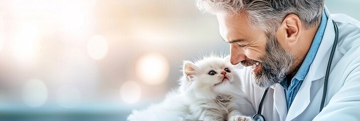 Veterinarian bonding with adorable white kitten, showing affection and care