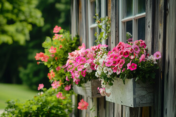 Vibrant flower boxes overflowing with pink and white blooms adorn a rustic wooden cabin window outdoors