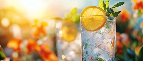 Refreshing summer drink with lemon and mint in clear glasses against a sunny bokeh background