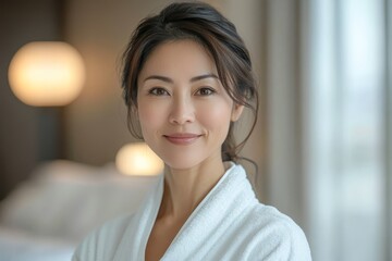 Fototapeta premium portrait of elegant asian woman 40 years old in white bathrobe at hotel room, spa, vacation, wellbeing