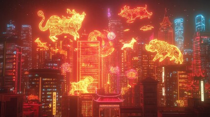 Obraz premium A modern take on Chinese New Year art with floating holographic zodiac animals and a cityscape illuminated in red and gold neon lights