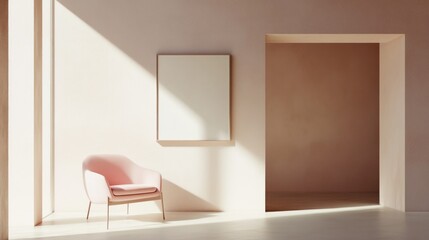 Minimalist interior scene featuring a pink chair a blank frame and a doorway bathed in sunlight