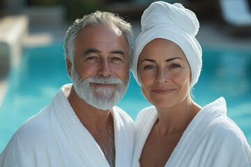 portrait of caucasian couple 60 years old in white bathrobe on pool background, vacation
