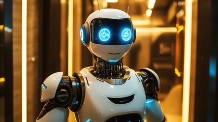 Futuristic white robot with blue glowing eyes and metallic details standing against a yellow background