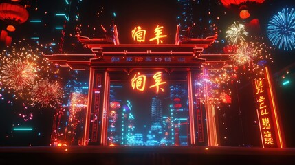 Obraz premium An abstract futuristic Chinese New Year design with holographic calligraphy, neon firecrackers, and digital fireworks lighting up the sky