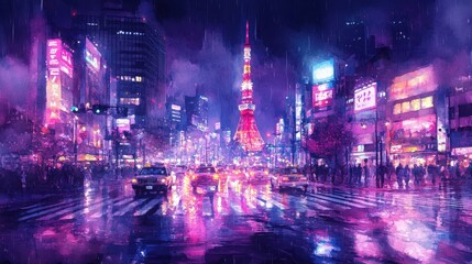 Fototapeta premium Vibrant watercolor painting of Tokyo at night