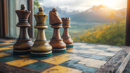 Chess pieces on board, mountain view, sunset, strategy game