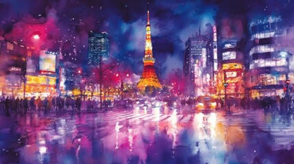 Obraz premium Vibrant watercolor painting of Tokyo at night