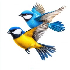 Obraz premium A photostock of vibrant blue and yellow birds in flight, isolated on a white background, capturing motion and grace in a minimal style. High Quality
