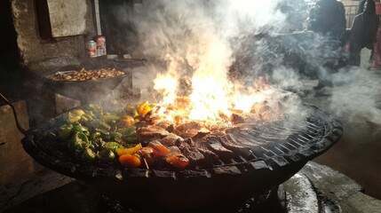 41.A flaming charcoal grill loaded with juicy cuts of meat and fresh vegetables, with the flames licking the edges of the food as smoke rises into the air.