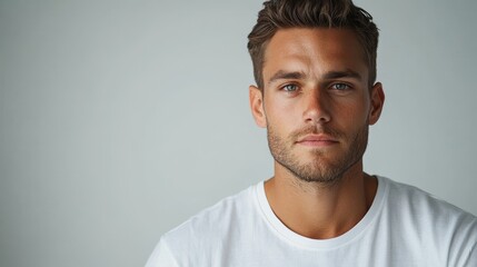 Fototapeta premium minimalistic portrait of serious 35 years old man in white t-shirt on white background, copy space