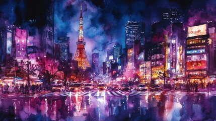 Obraz premium Vibrant watercolor painting of Tokyo at night