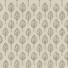 A repeated pattern of simple leaf illustrations on a beige background.