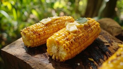 75.A close-up of grilled corn on the cob, topped with butter, cheese, and cilantro, placed on a wooden surface with grill marks visible, ready to be served as a healthy barbecue treat.