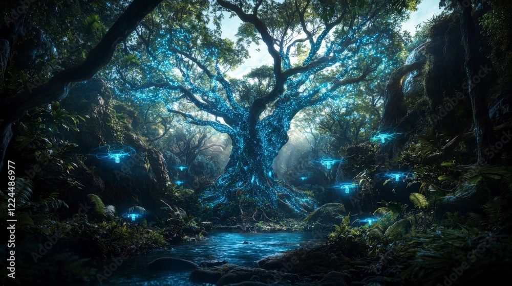 Poster a magical encounter with glowing flora in a lush forest stream enchanting nature scene dreamy atmosp