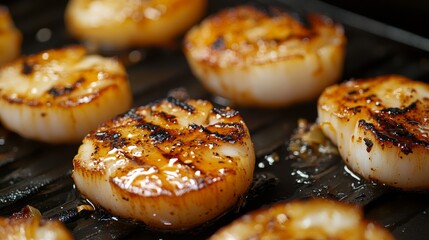 91.A close-up of grilled scallops, their delicate flesh seared to golden perfection, served with a spicy Thai seafood sauce drizzled over them, creating a flavorful contrast on a sleek dark surface.
