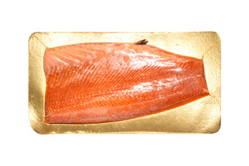 Lightly salted trout in vacuum packaging on a white background.Trout fillet.A piece of lightly...