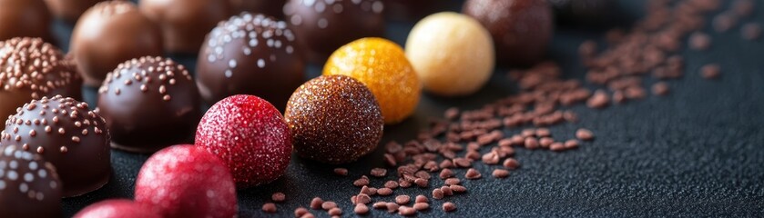 Assorted Gourmet Chocolate Truffles on Dark Background with Sprinkles and Colorful Coatings in a Row