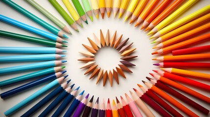 Obraz premium Beautifully Arranged Spiral Composition of Colorful Pencils Against a Neutral Background Offering a Visually Striking and Creative Still Life Image for a Variety of Purposes