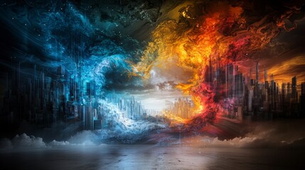 Obraz premium Futuristic cityscape vibrant architectural fusion amidst dynamic skies urban landscape artistic vision