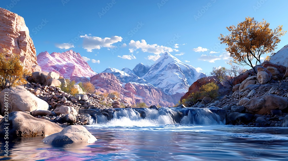 Canvas Prints Serene Autumn Mountain Landscape with Waterfall and River