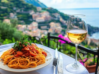 Italian pasta with tomato sauce and white wine glass on table with scenic view of coast
