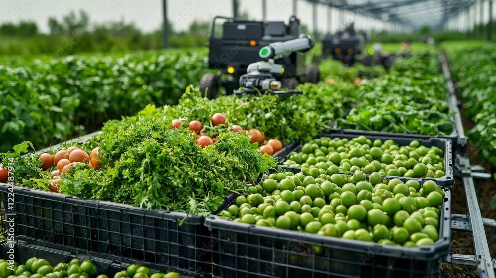 Poster Robotic harvester collecting ripe crops in agricultural field closeup view technology in action