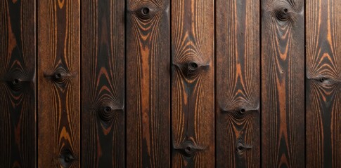 Close-up of dark brown, knotty wood planks; vertical grain, background, wall, knotty wood