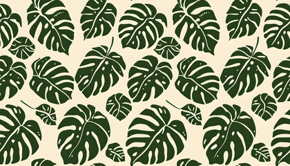 A repeating pattern of green Monstera leaves on a light beige background.