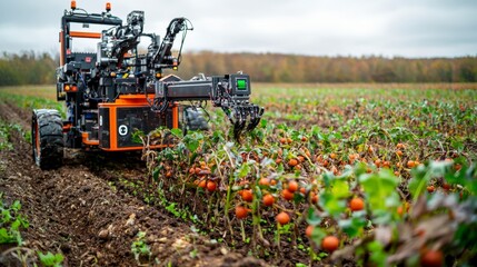 Robotic harvester collecting ripe crop agricultural field technology farm close-up innovation