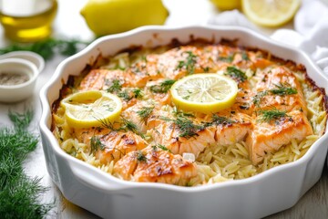 Delicious baked salmon with orzo pasta, garnished with fresh dill and lemon slices, perfect for a healthy meal.