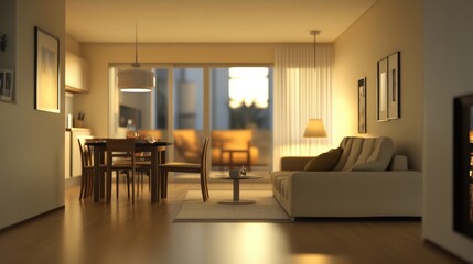 Minimalist modern living room with a beige wall, featuring a sofa, chairs, and a dining table in a light, airy space.