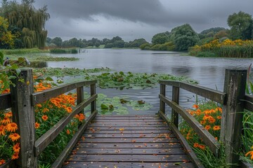 Serene Autumn Lake with Wooden Dock and Orange Flowers