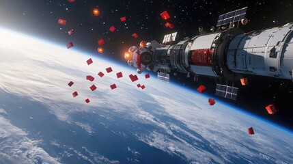 A Chinese New Year-themed space station with a floating red envelope dispenser and zero-gravity lantern displays