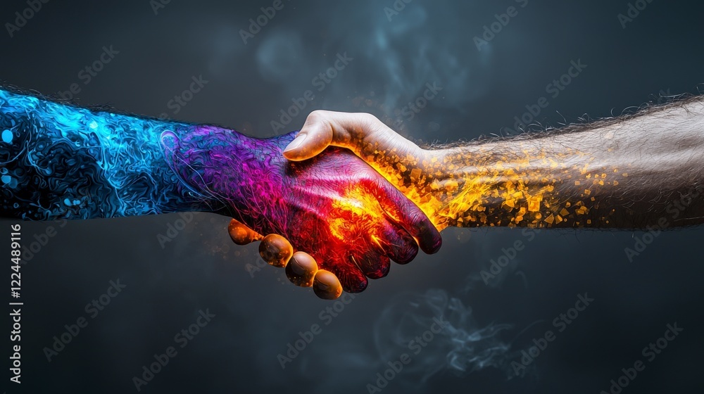 Leinwandbilder Dynamic glowing handshake symbolizing unity and collaboration abstract background digital art conceptual viewpoint